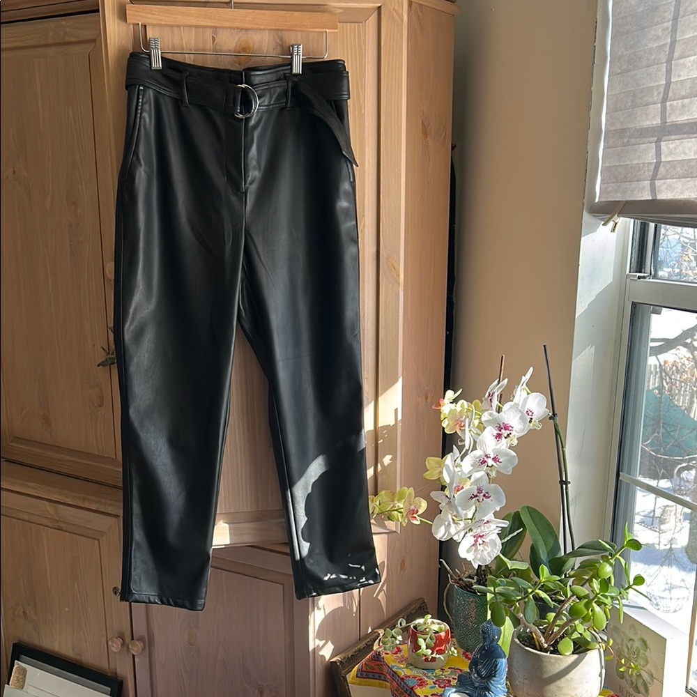 Chic Belted Black Faux Leather Pants